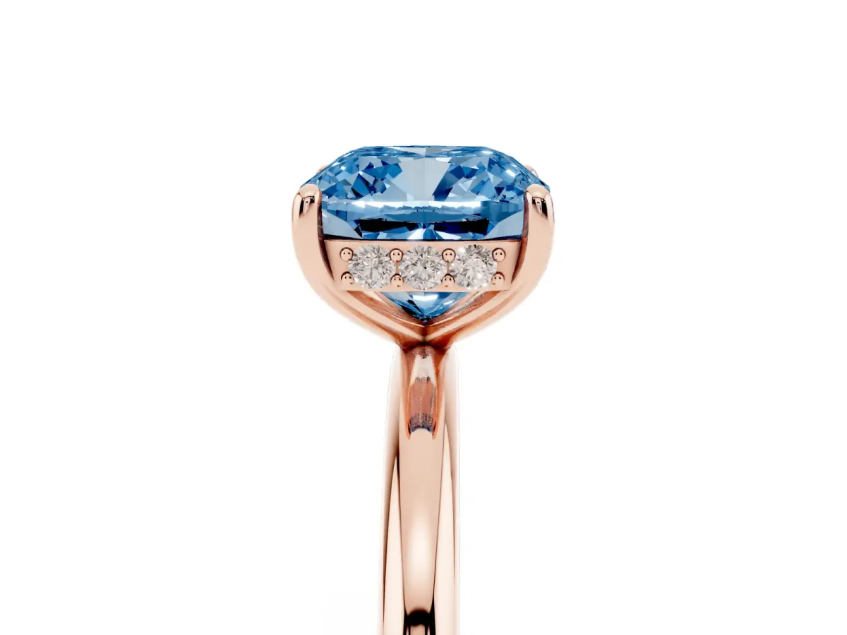Fancy Blue Cushion Cut Solitaire Diamond Ring with a Classic Band and Four-Prong Setting Rose gold