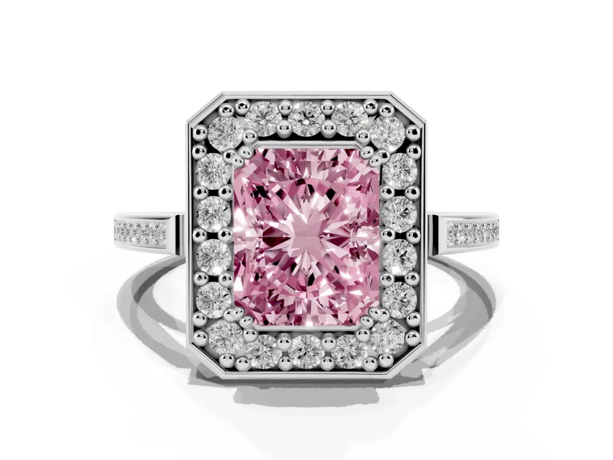 Fancy Pink Radiant Cut Diamond Halo Ring with Split Shank and Four-Prong Setting Silver
