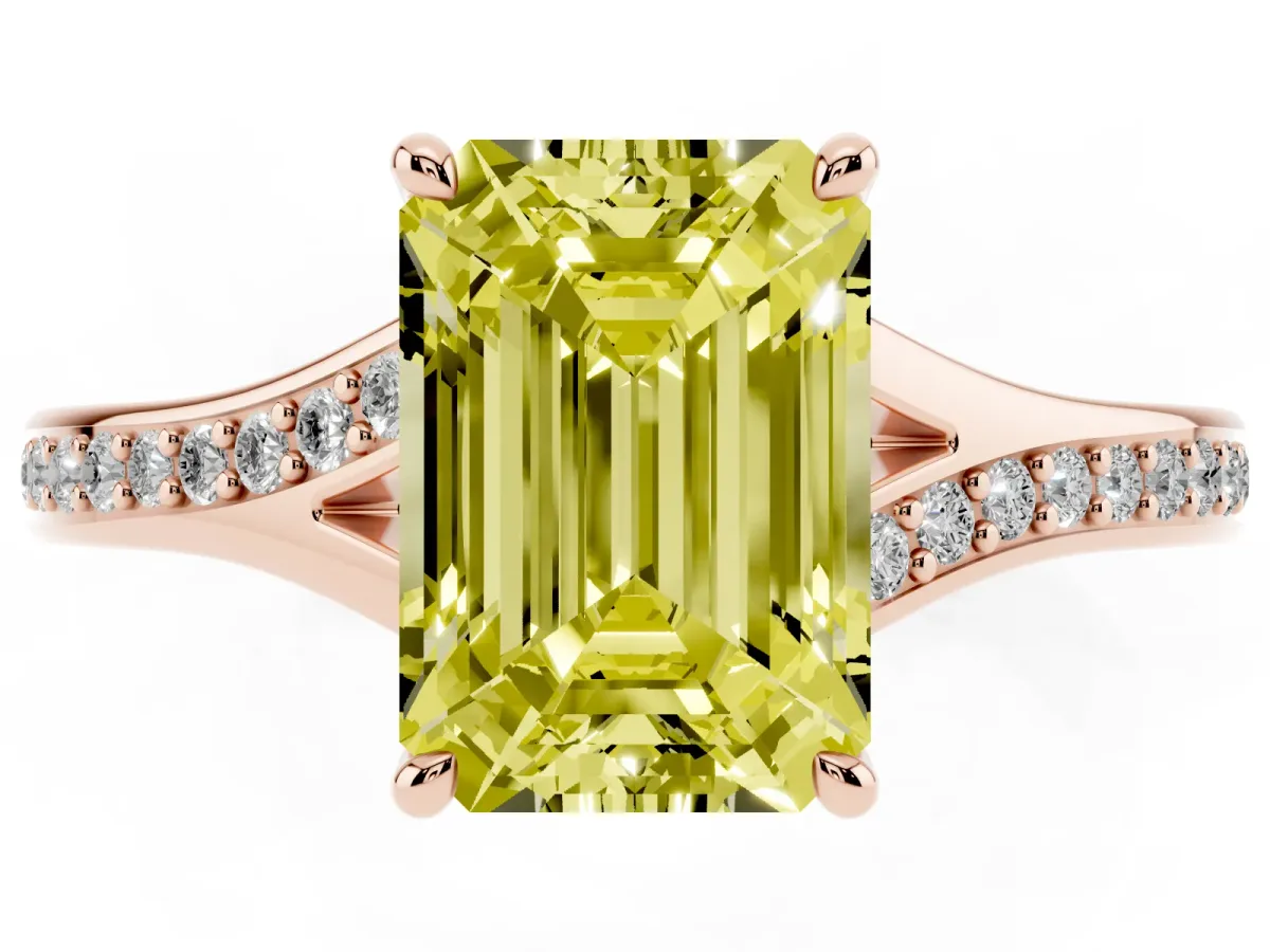 Fancy Yellow Emerald Cut Diamond Solitaire Ring with Pavé Band and Prong Setting Rose gold