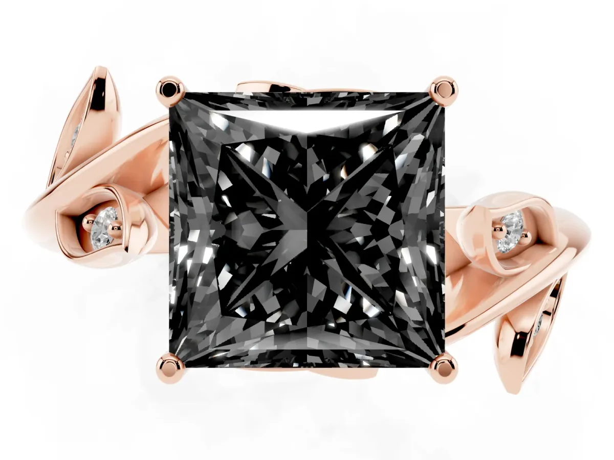 Fancy Black Princess Cut Solitaire Twist Engagement Ring with Leaf Accents and Prong Setting Rose gold