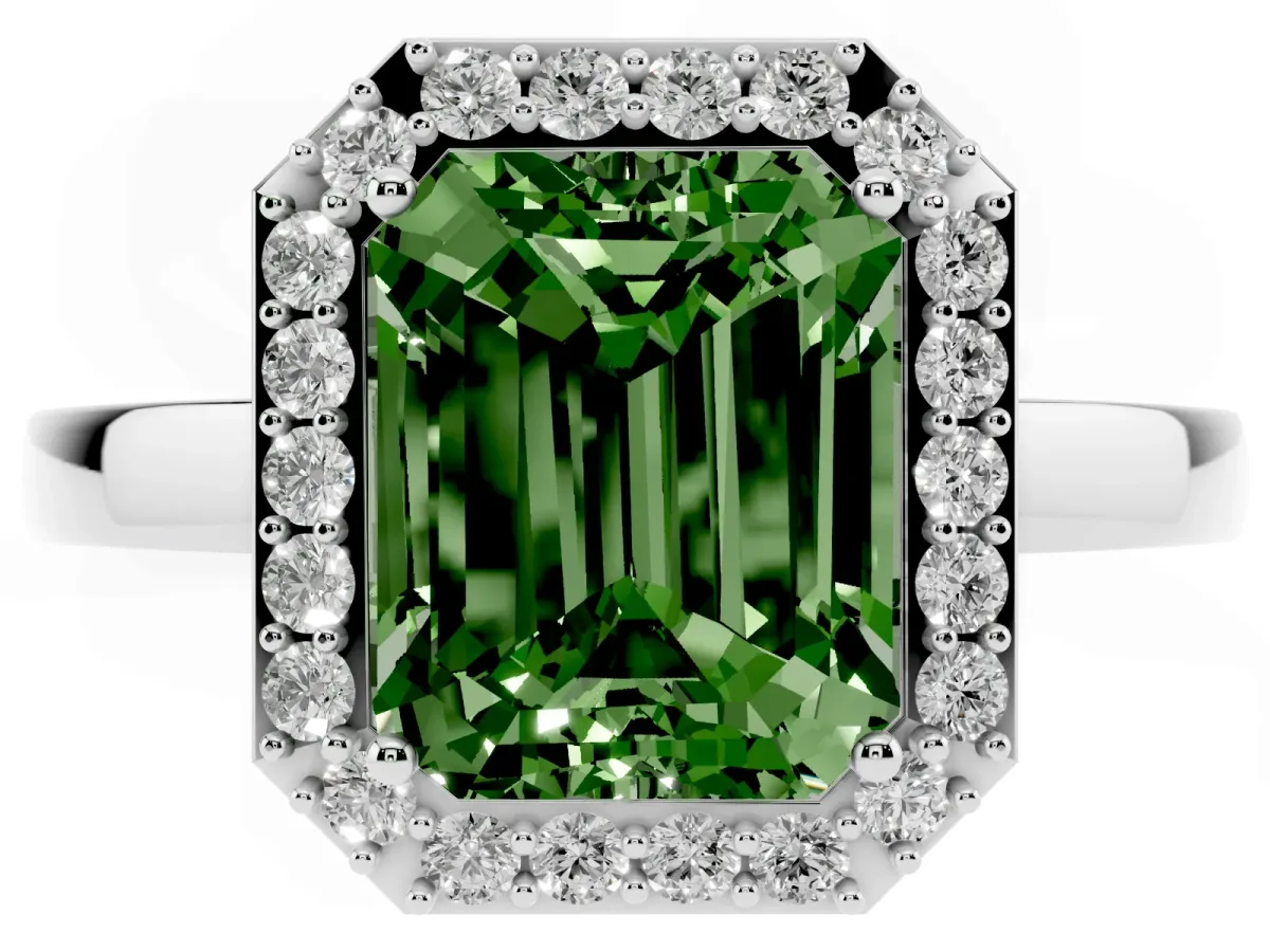 Fancy Green Radiant Cut Halo Diamond Ring with Solitaire Band and Prong Setting White gold