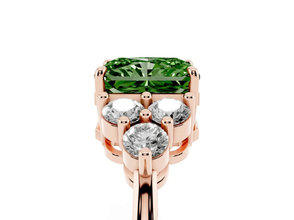 Fancy Green Radiant Cut Brilliant Diamond Cluster Accent Solitaire Ring with Prong Setting Rose gold