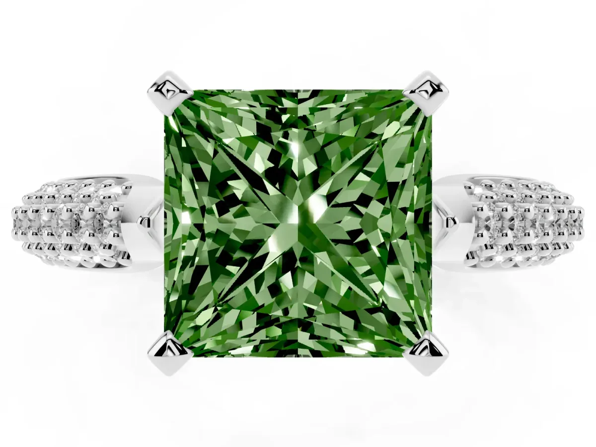 Fancy Green Princess Cut Diamond Solitaire Engagement Ring with Multi-Row Round Pavé Band and Prong Setting Platinum