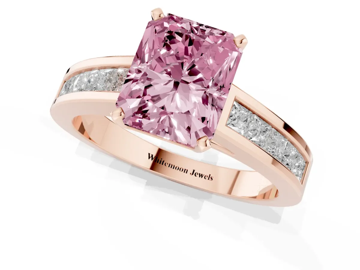 Fancy Pink Radiant Cut Solitaire Diamond Ring with Channel-Set Band and Four-Prong Setting Rose gold