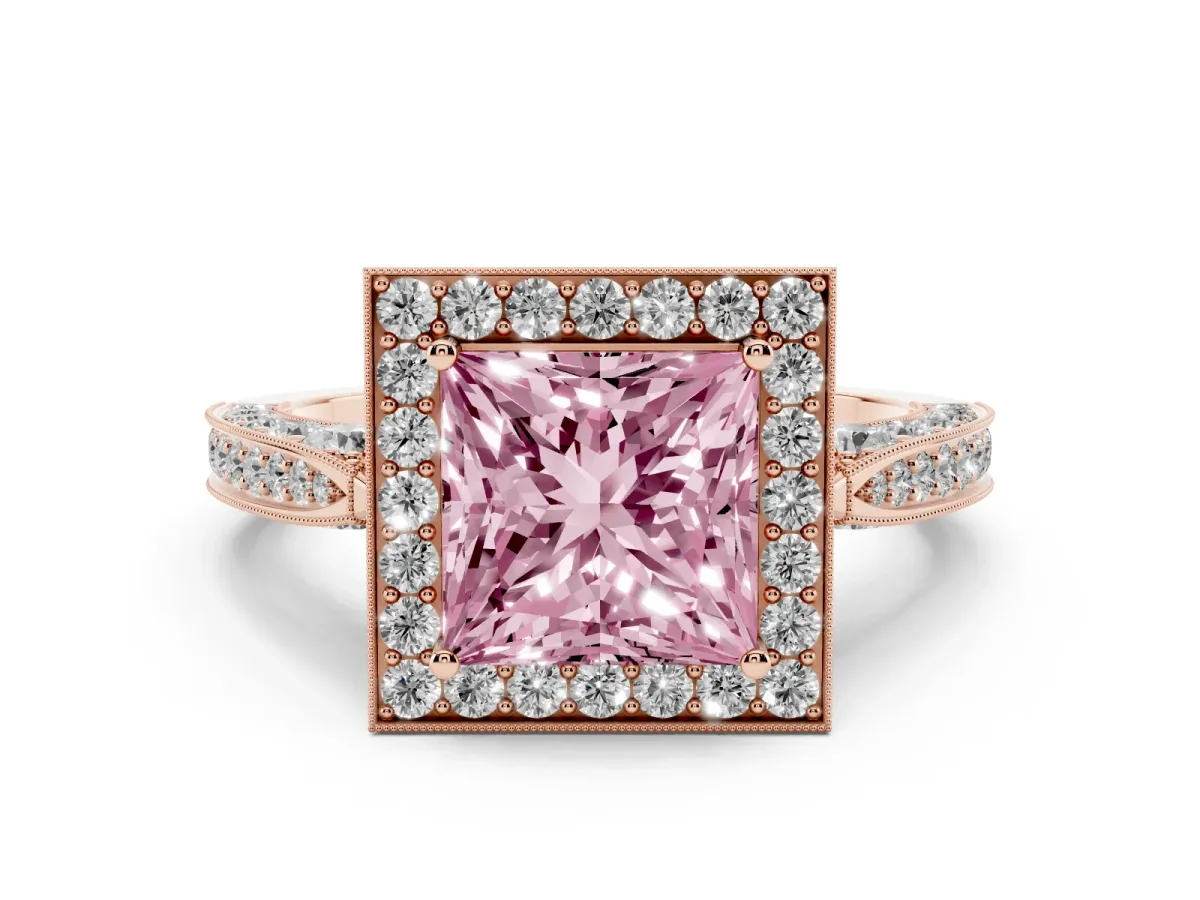 Fancy Pink Princess Cut Halo Diamond Engagement Ring with Split Shank Band and Four-Prong Setting Rose gold