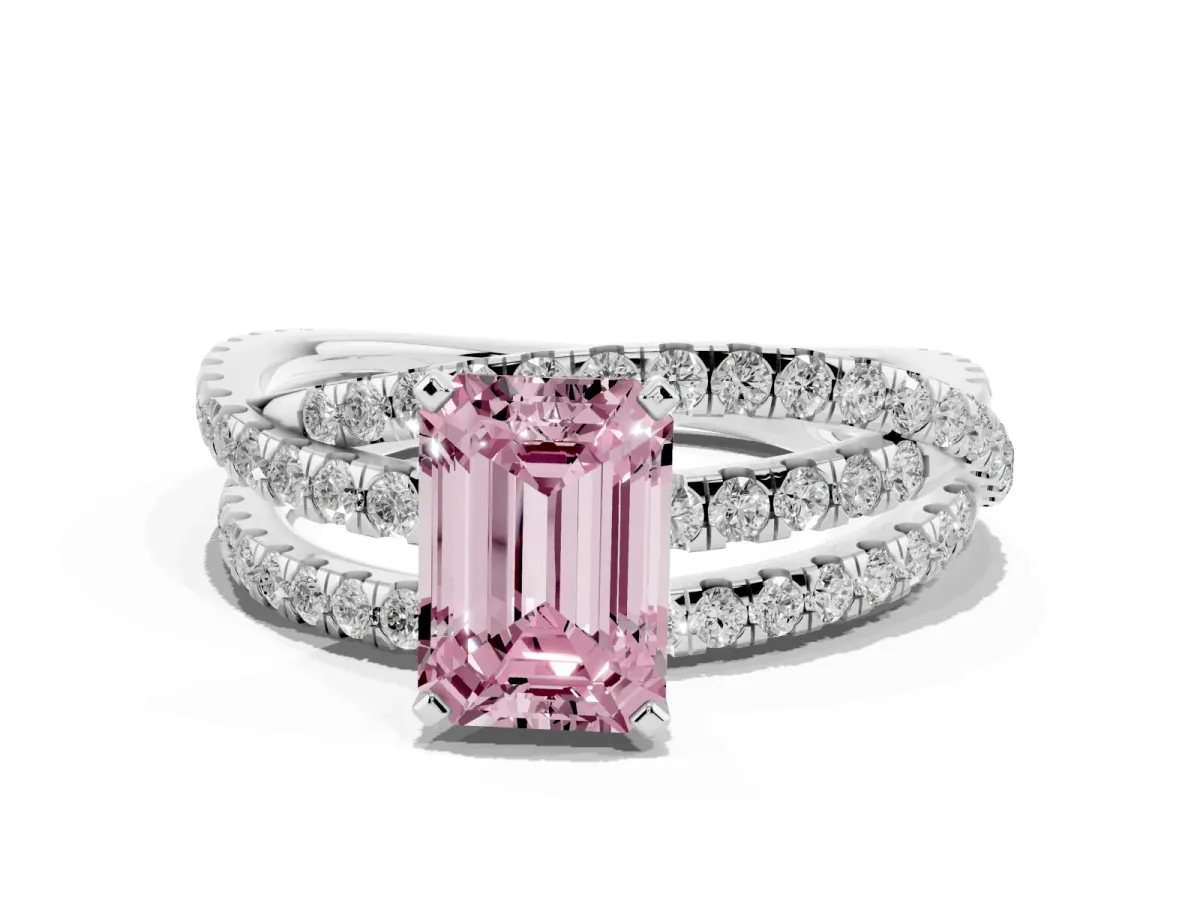 Fancy Pink Emerald Cut Solitaire Twist Band with Pavé Setting and Four-Prong Setting Silver