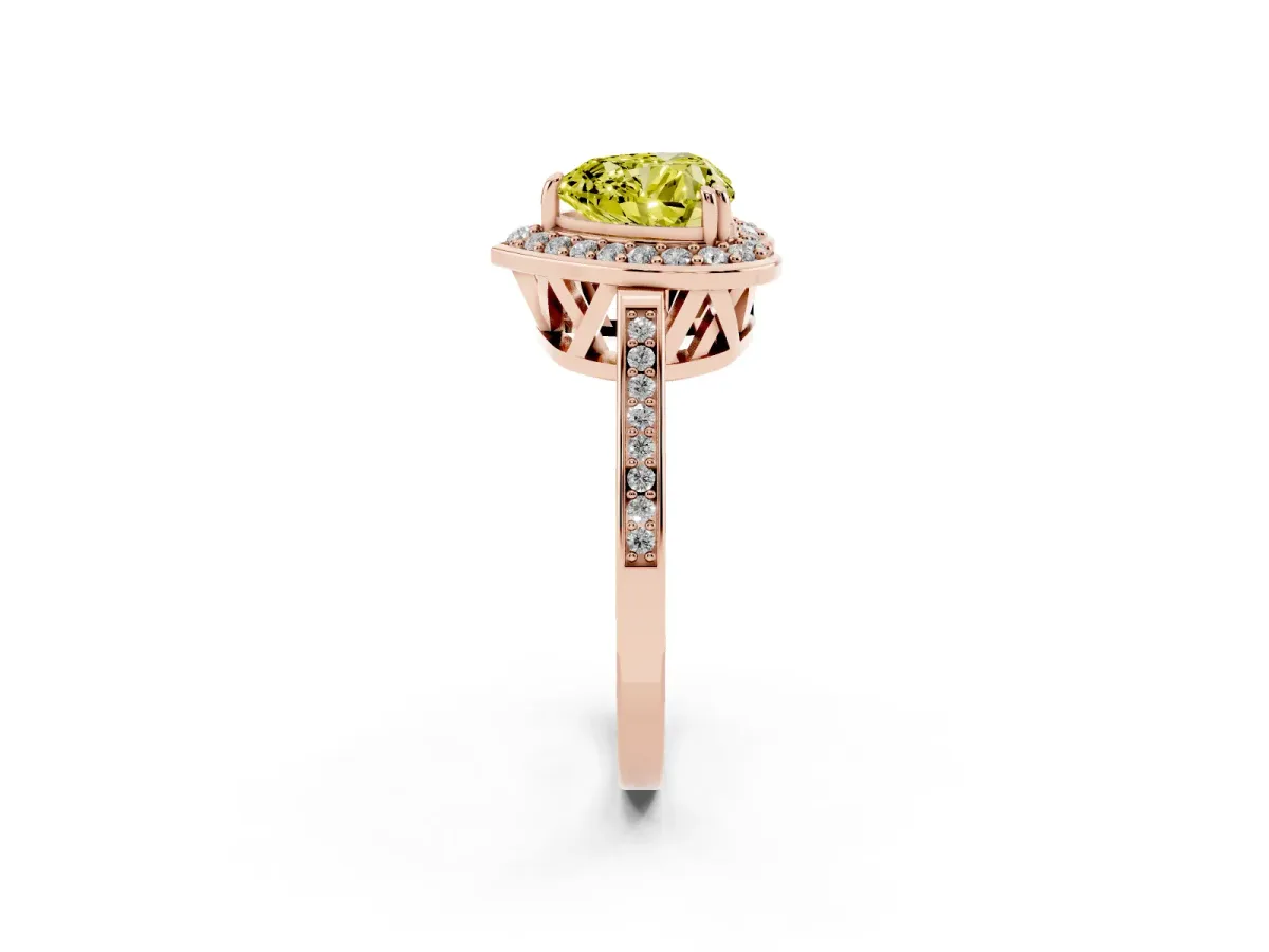 Fancy Yellow Heart Cut Diamond Halo Ring with Split Shank and Four-Prong Setting Rose gold