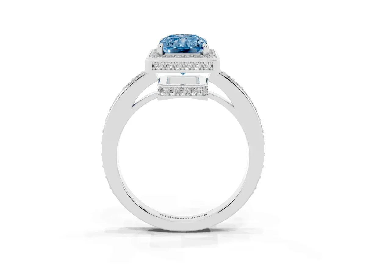 Fancy Blue Radiant Cut Halo Pave Band Solitaire Ring with Prong Setting Silver
