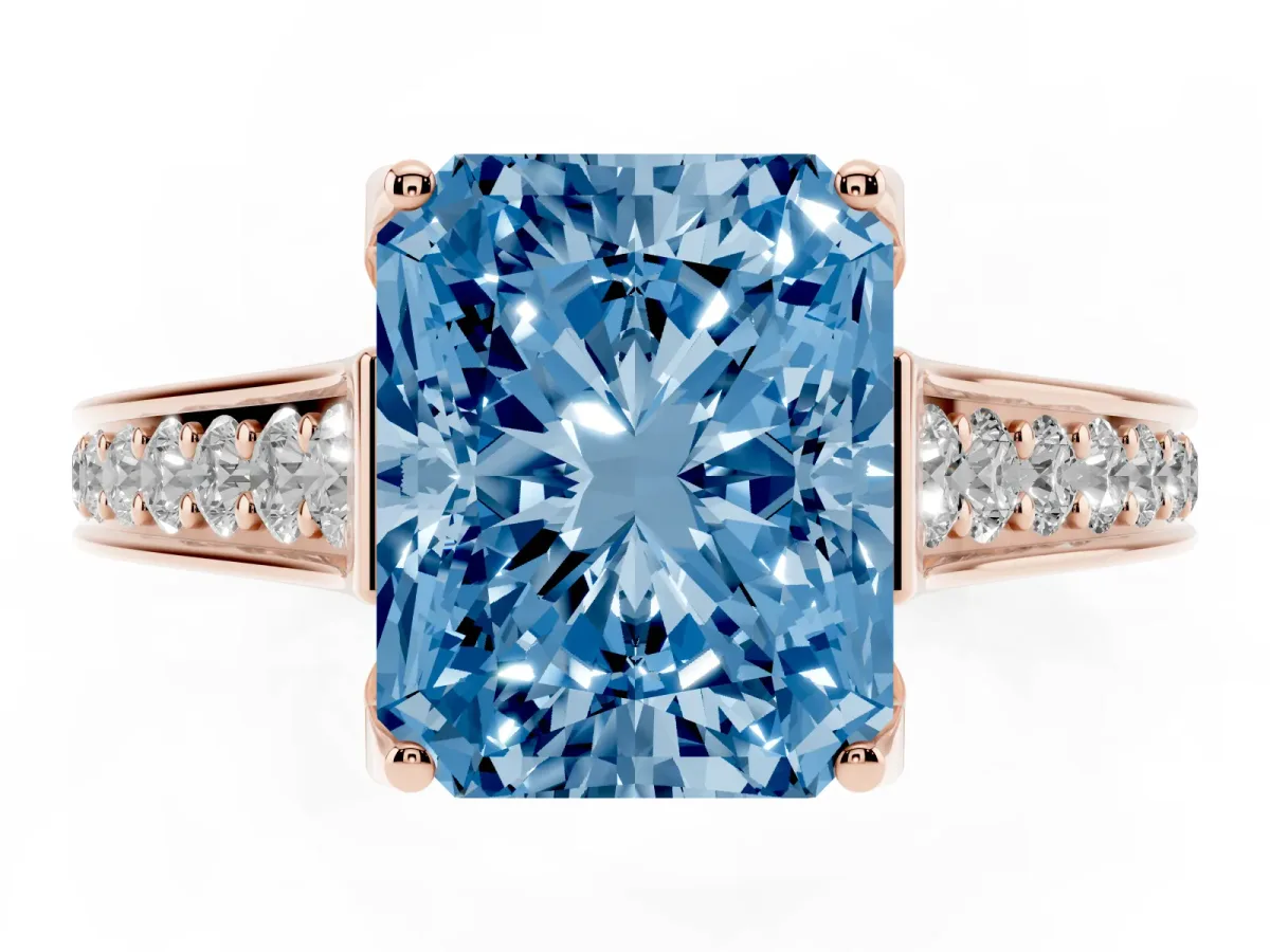 Fancy Blue Radiant Cut Brilliant Cut Diamond Engagement Ring with Pavé Band and Four-Prong Setting Rose gold