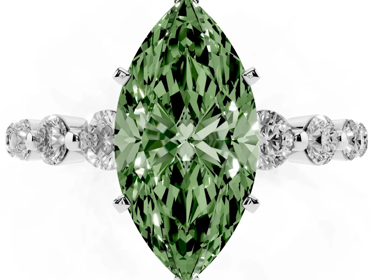 Fancy Green Marquise Cut Solitaire Diamond Ring with Pave Band and Four-Prong Setting White gold