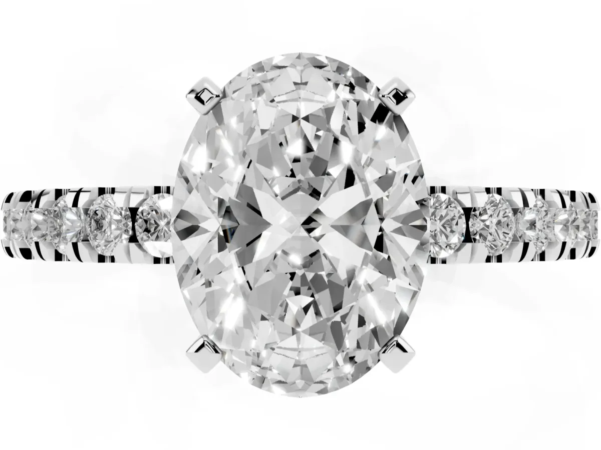 Oval Cut Solitaire Diamond with Pavé Band and Four-Prong Setting Platinum
