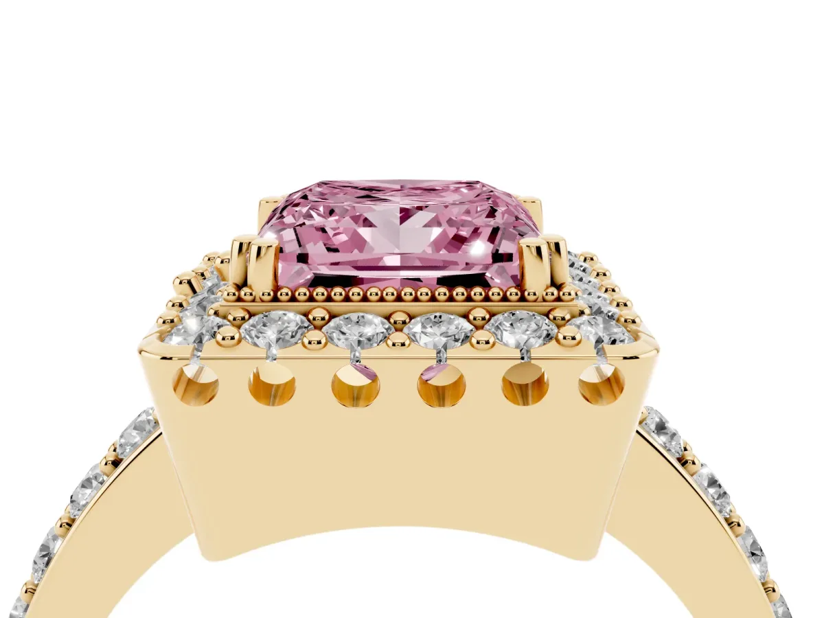 Fancy Pink Princess Cut Diamond Halo Ring with Pavé Band and Prong Setting Yellow gold