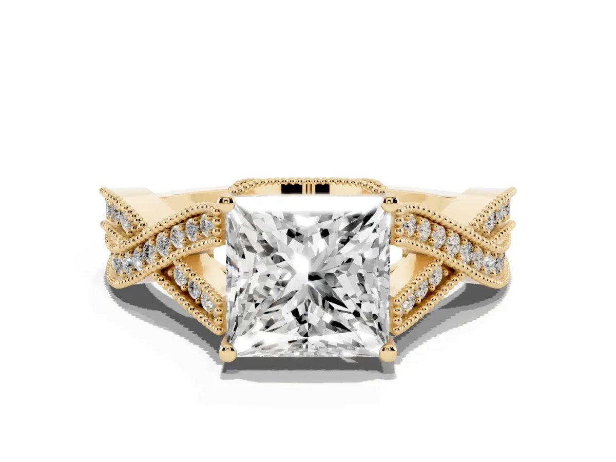 Princess Cut Cut Diamond Twisted Band with Milgrain Pave Setting and Four-Prong Setting Yellow gold