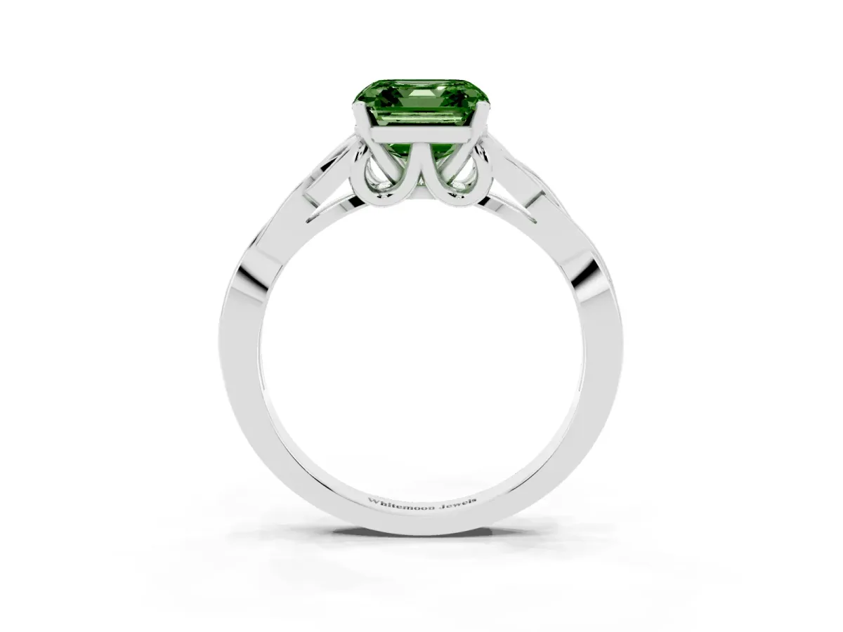 Fancy Green Asscher Cut Diamond Solitaire Engagement Ring with Celtic Knot Band and Four-Prong Setting Platinum