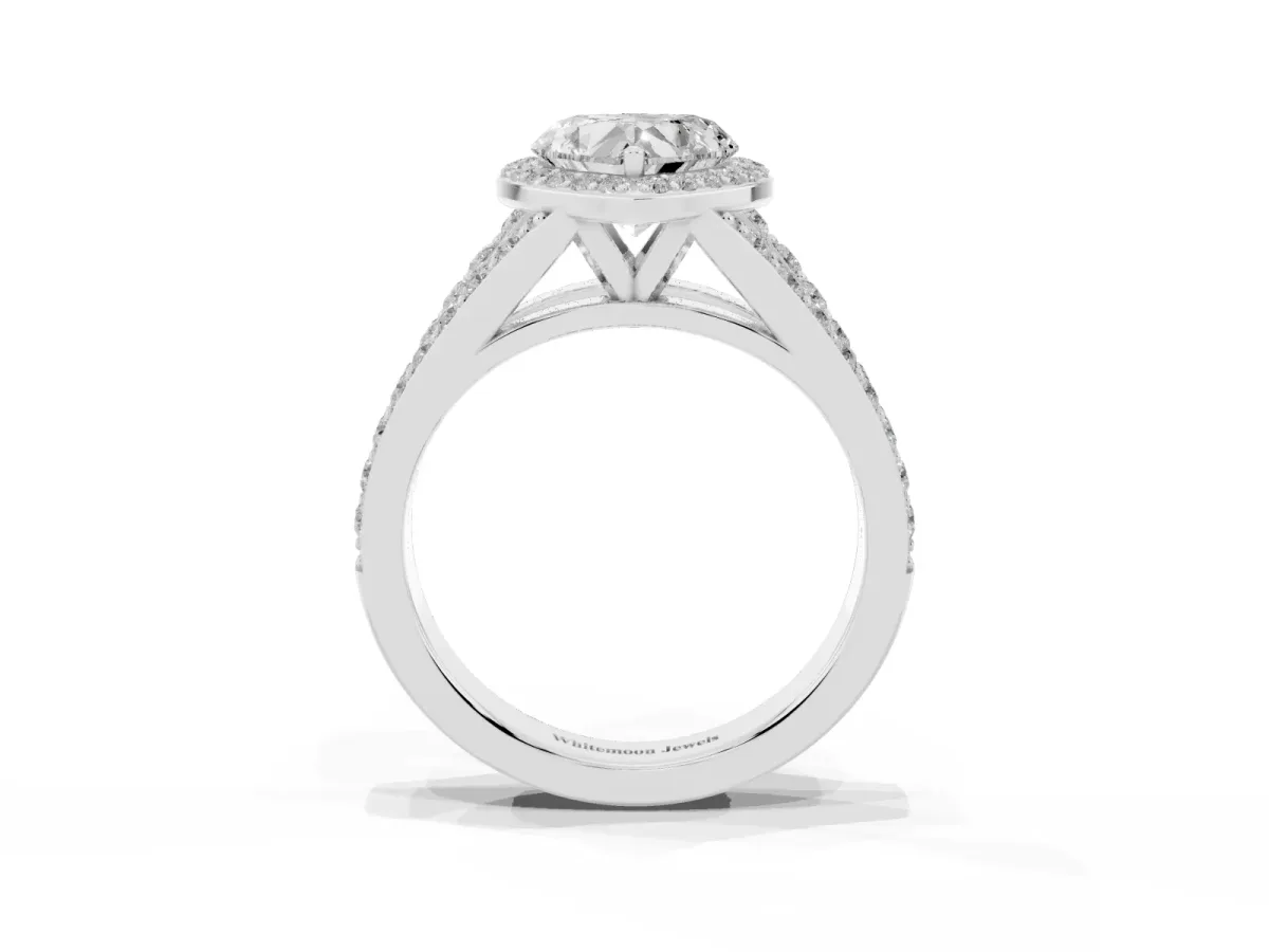 Heart Cut Diamond Split Shank Halo Ring with Four-Prong Setting Silver