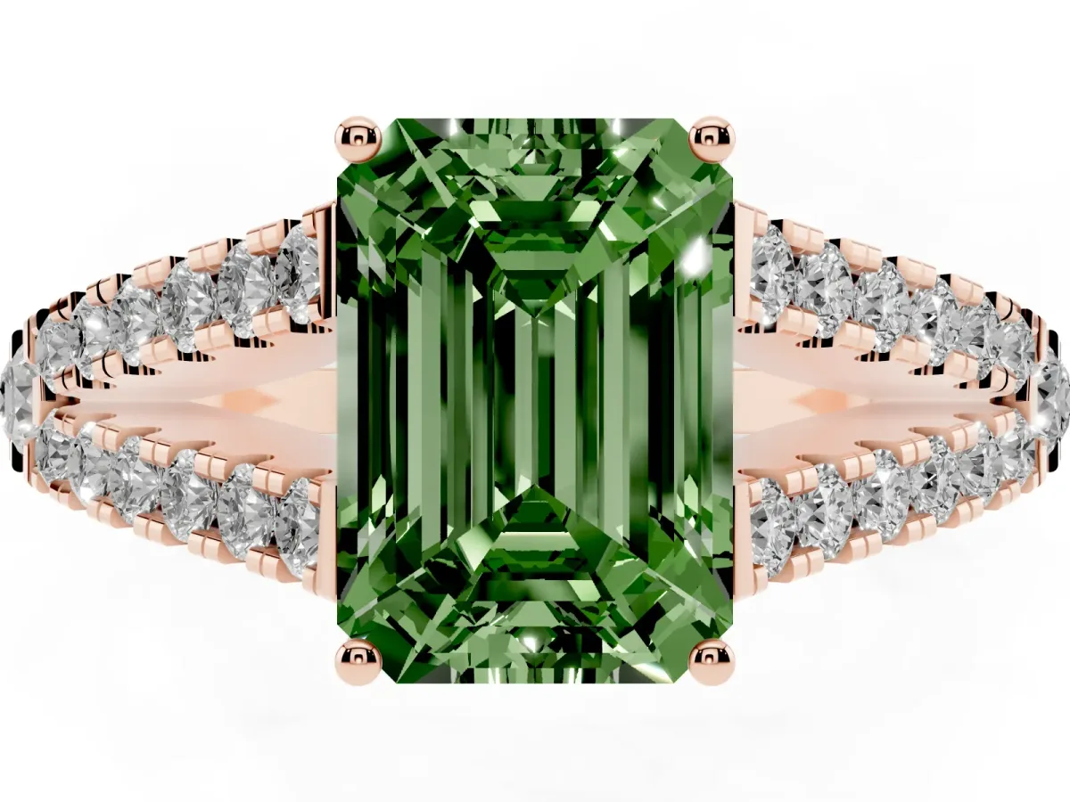 Fancy Green Emerald Cut Diamond Split Shank Pavé Engagement Ring with Four-Prong Setting Rose gold