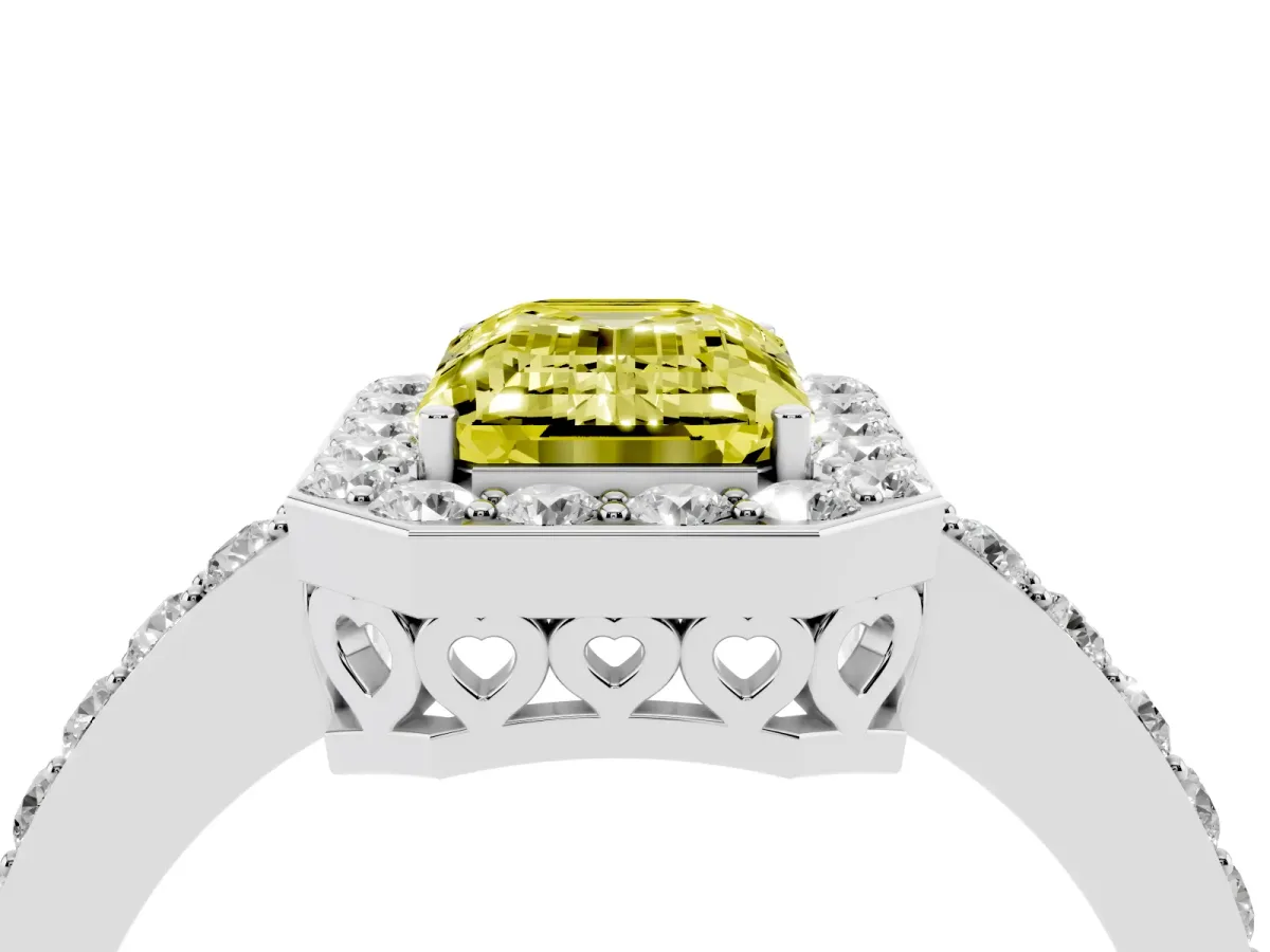 Fancy Yellow Emerald Cut Halo Diamond Pavé Band Ring with Prong Setting Silver