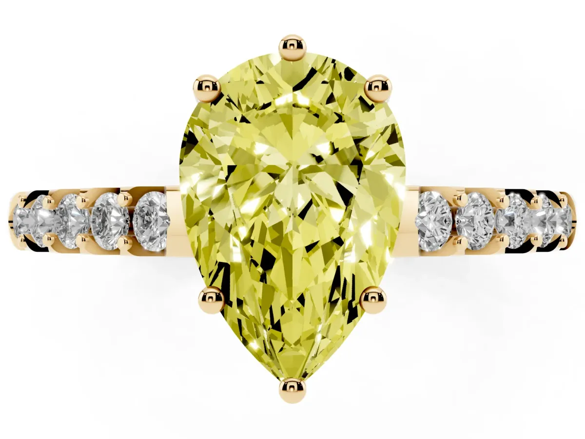Fancy Yellow Pear Cut Solitaire Diamond Engagement Ring with Pavé Band and Six-Prong Setting Yellow gold