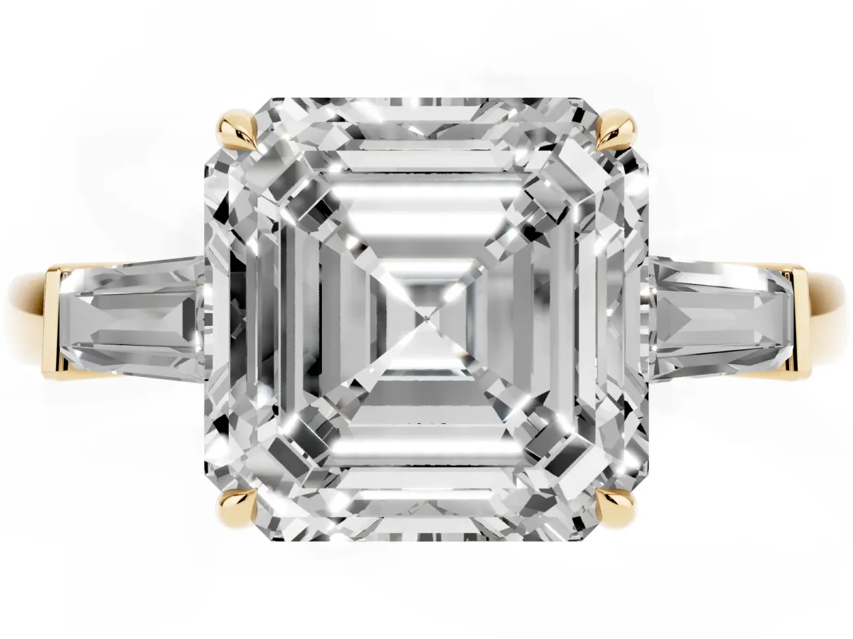 Asscher Cut Diamond Three-Stone Ring with Tapered Baguette Side Stones and Prong Setting Yellow gold