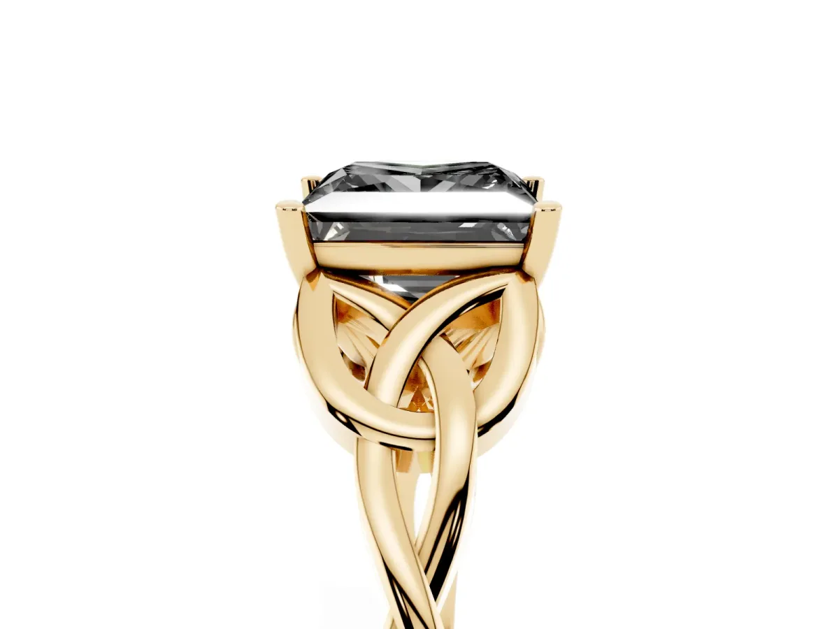 Fancy Black Princess Cut Diamond Solitaire Engagement Ring with Celtic Knot Band and Four-Prong Setting Yellow gold