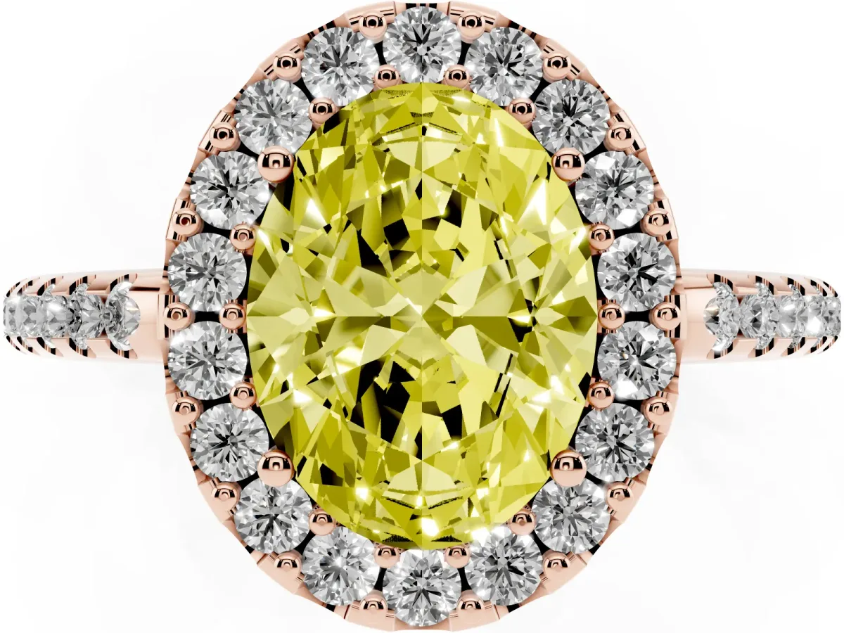 Fancy Yellow Oval Cut Diamond Pavé Halo Ring with Four-Prong Setting Rose gold