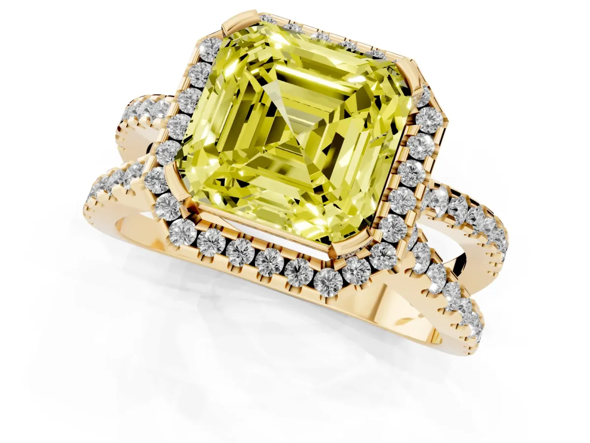 Fancy Yellow Asscher Cut Diamond Halo Ring with Split Shank Pavé Band and Prong Setting Yellow gold