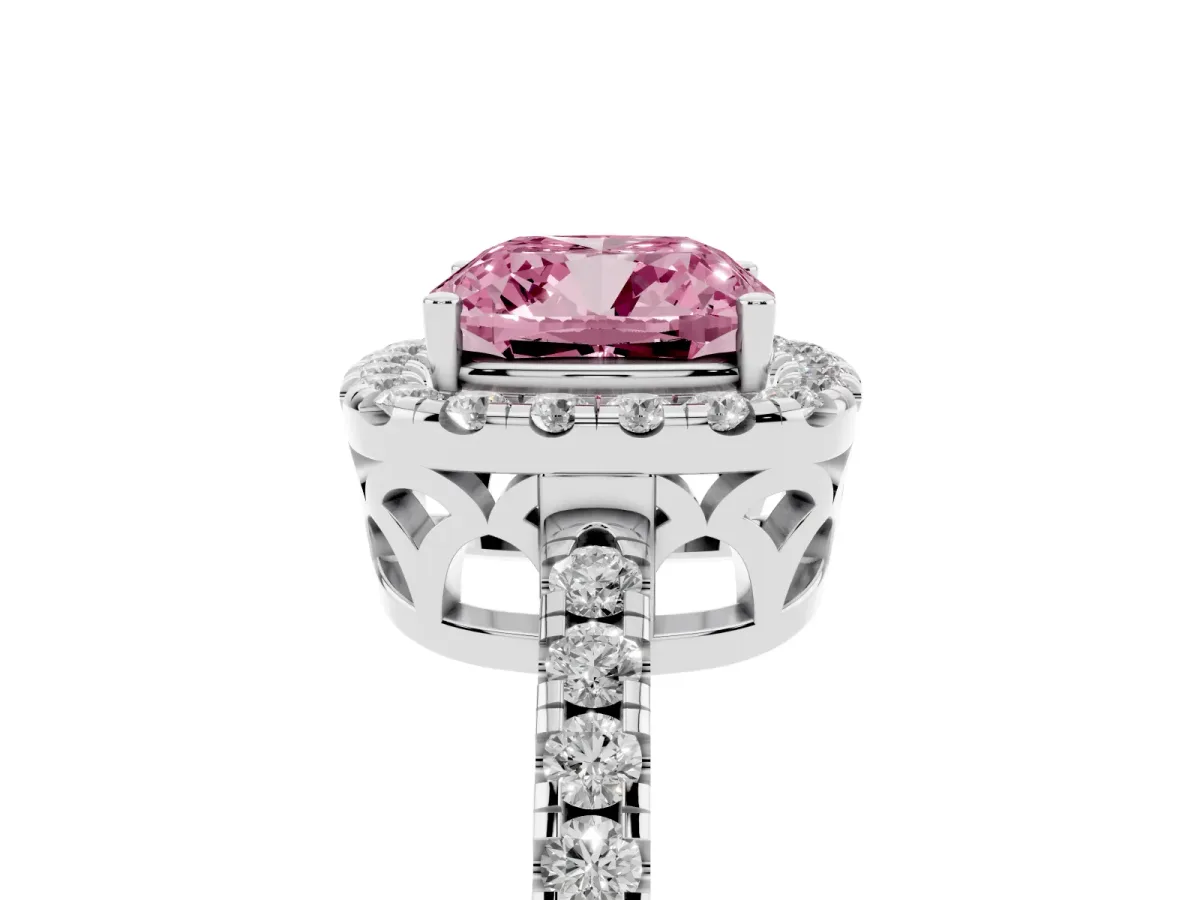 Fancy Pink Cushion Cut Halo Diamond Engagement Ring with Pavé Band and Four-Prong Setting Platinum