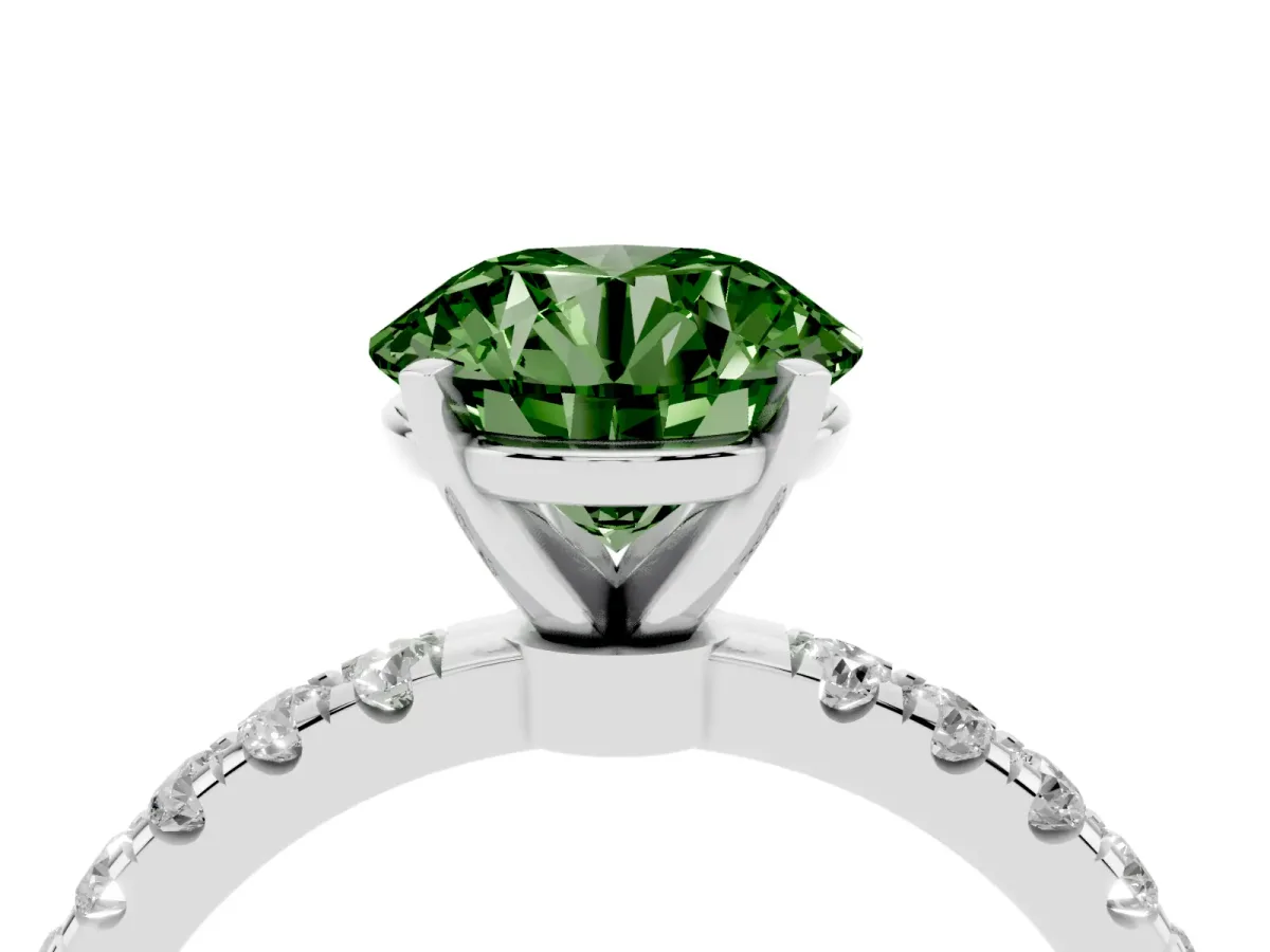 Fancy Green Round Cut Diamond Solitaire Ring with Pavé Accents and Four-Prong Setting White gold