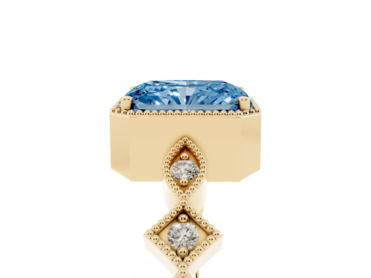 Fancy Blue Radiant Cut Milgrain Marquise Diamond Twist Band Ring Yellow gold