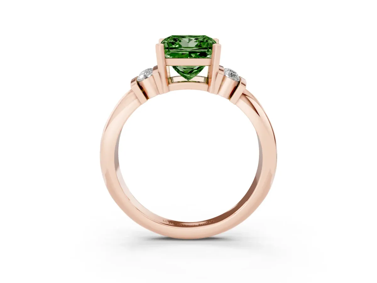 Fancy Green Princess Cut Cut Three-Stone Channel Set Ring with Bar Prongs Rose gold