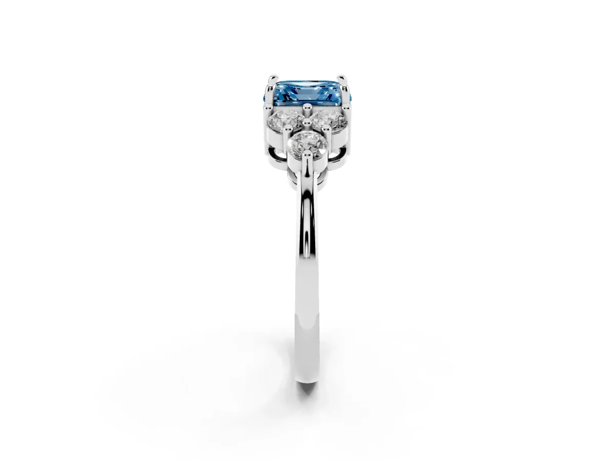 Fancy Blue Asscher Cut Brilliant Diamond Cluster Accent Solitaire Ring with Prong Setting White gold