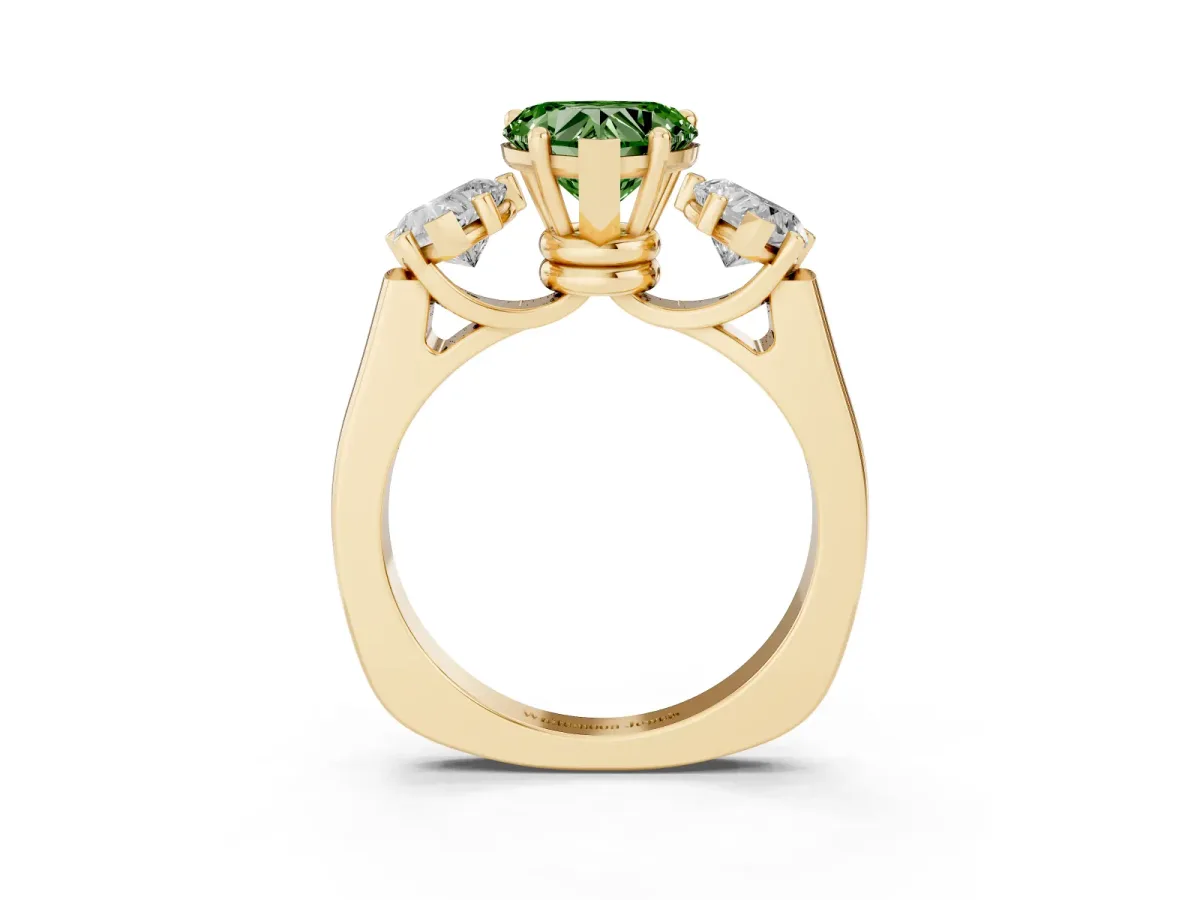 Fancy Green Three-Stone Heart Cut Brilliant Diamond Trellis Ring with Comfort Fit Band Yellow gold