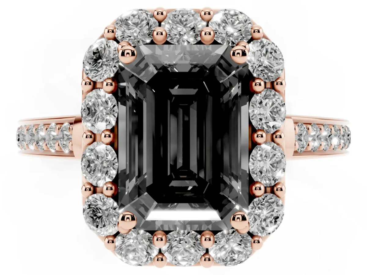 Fancy Black Emerald Cut Diamond Floral Halo Ring with Pavé Band and Prong Setting Rose gold