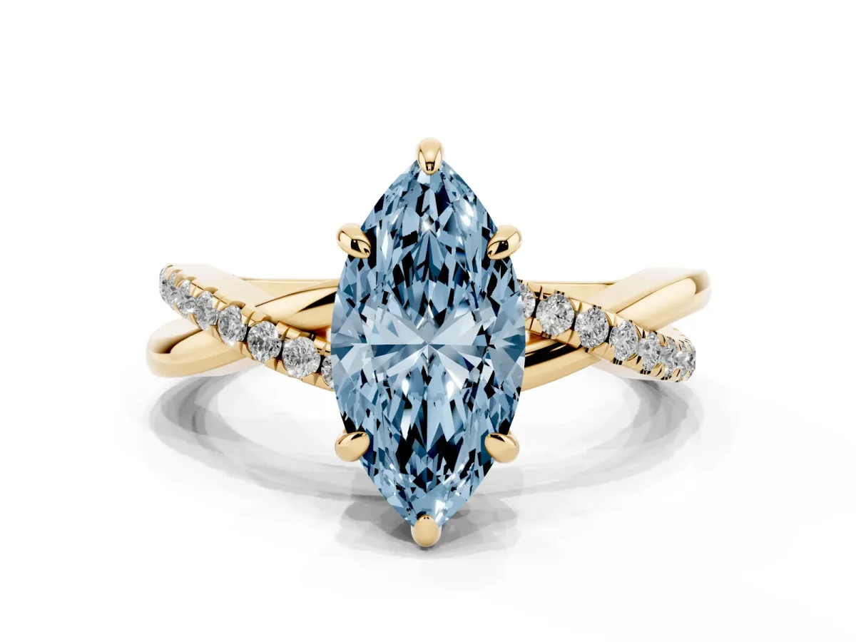 Fancy Blue Marquise Cut Cut Diamond Twist Band Solitaire with Prong Setting Yellow gold