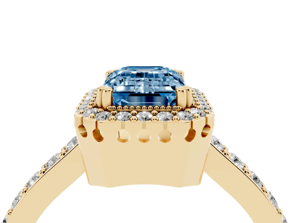 Fancy Blue Emerald Cut Cut Diamond Halo Engagement Ring with Milgrain Detail and Pavé Band Yellow gold