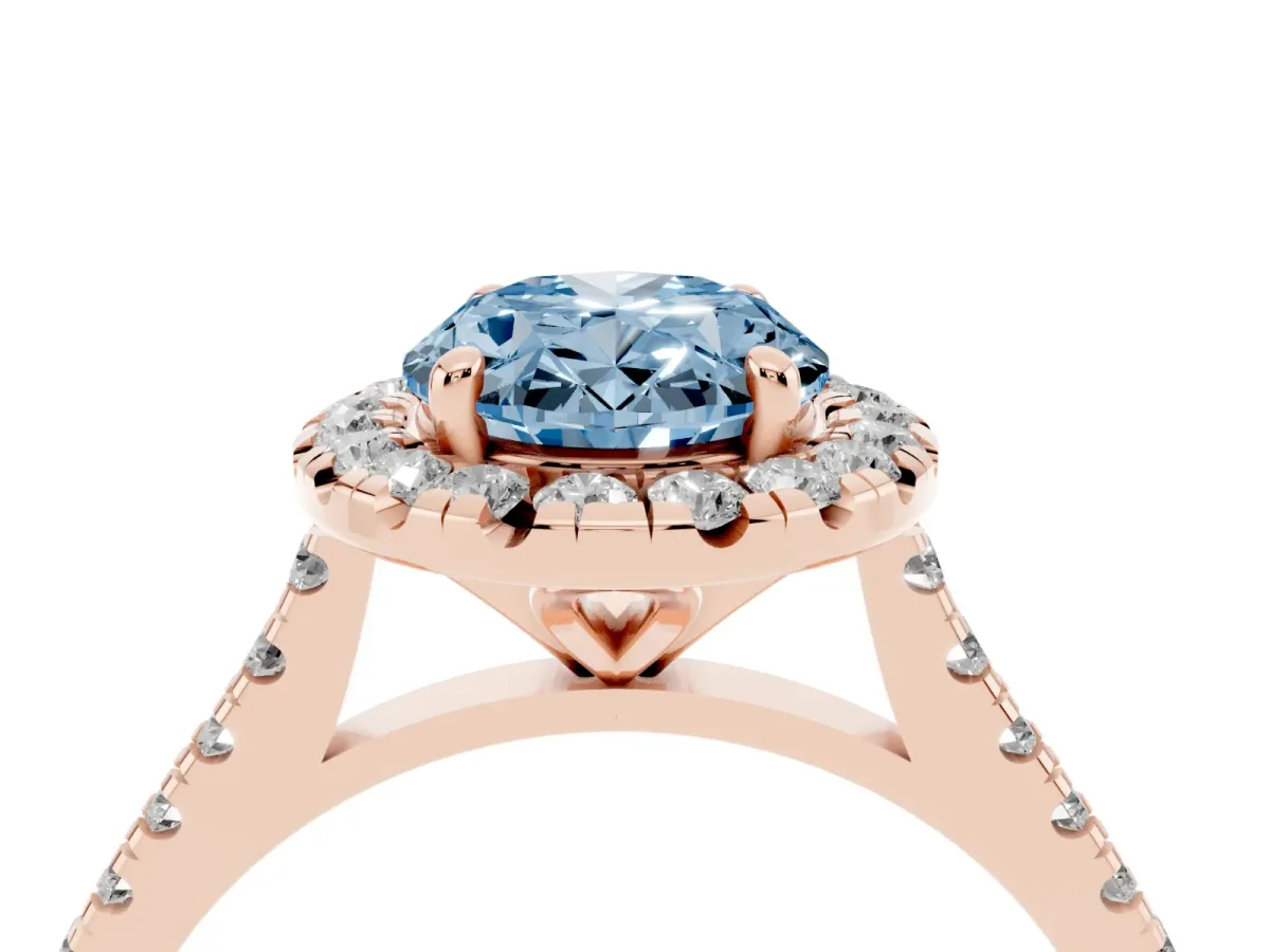 Fancy Blue Oval Cut Diamond Cushion Halo Ring with Pavé Band Rose gold