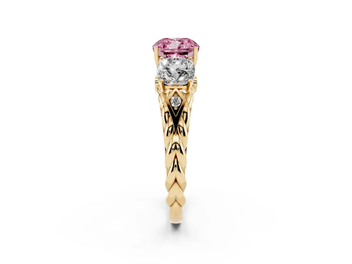 Fancy Pink Three-Stone Cushion Cut Diamond Braided Band Ring with Four-Prong Setting Yellow gold