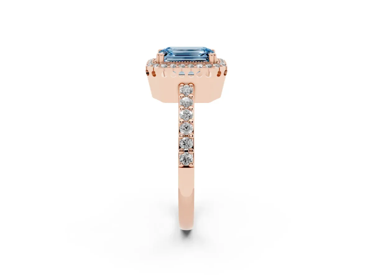 Fancy Blue Emerald Cut Cut Diamond Halo Engagement Ring with Milgrain Detail and Pavé Band Rose gold