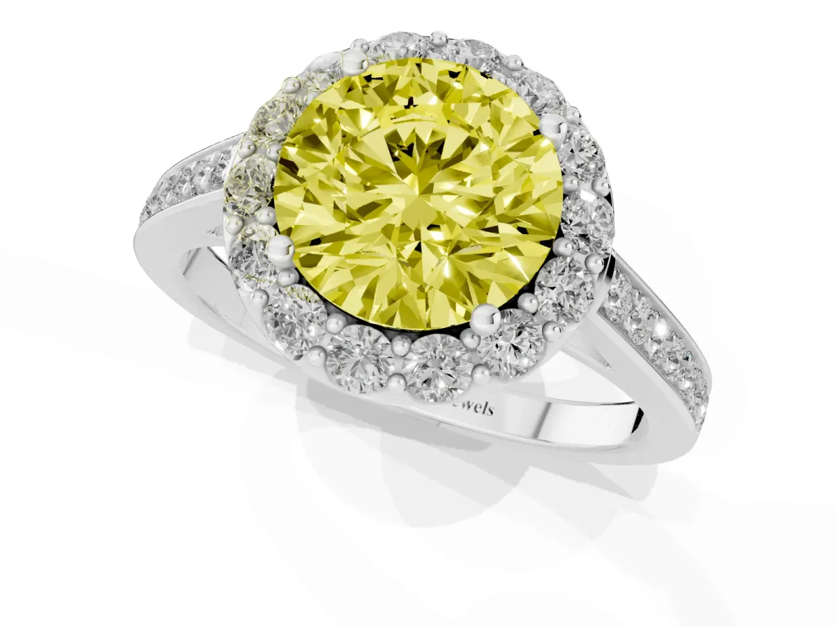 Fancy Yellow Round Cut Diamond Floral Halo Ring with Pavé Band and Prong Setting White gold
