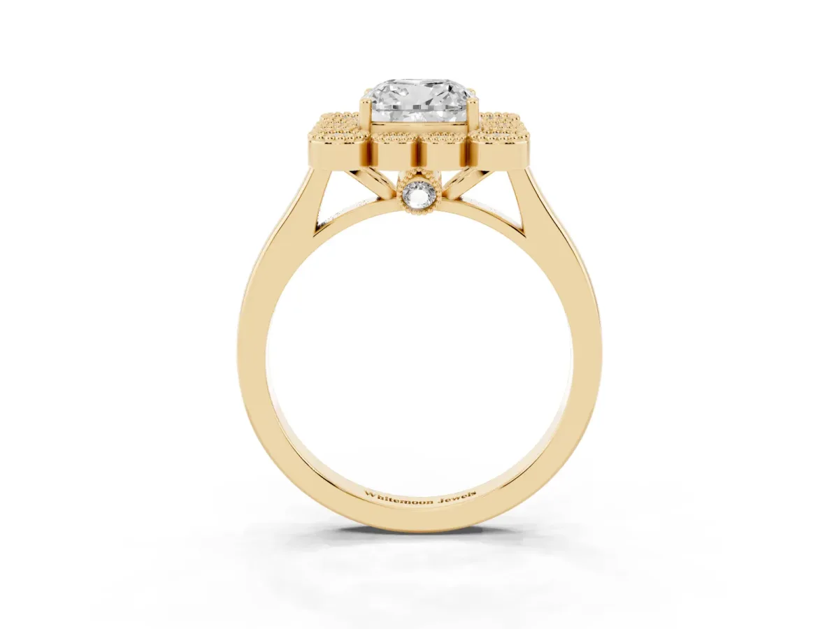 Cushion Cut Halo Diamond Cluster Engagement Ring with Milgrain Bezel Setting and Solitaire Band Yellow gold