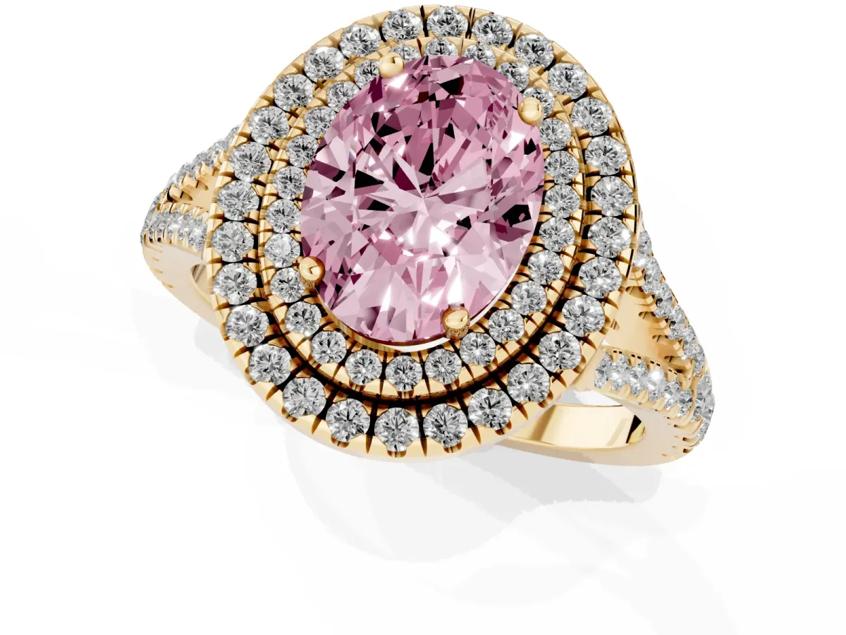 Fancy Pink Oval Cut Diamond Double Halo Ring with Pavé Band and Prong Setting Yellow gold