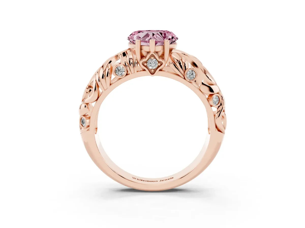 Fancy Pink Heart Cut Solitaire Diamond Leaf-Inspired Vine Band Ring with Prong Setting Rose gold