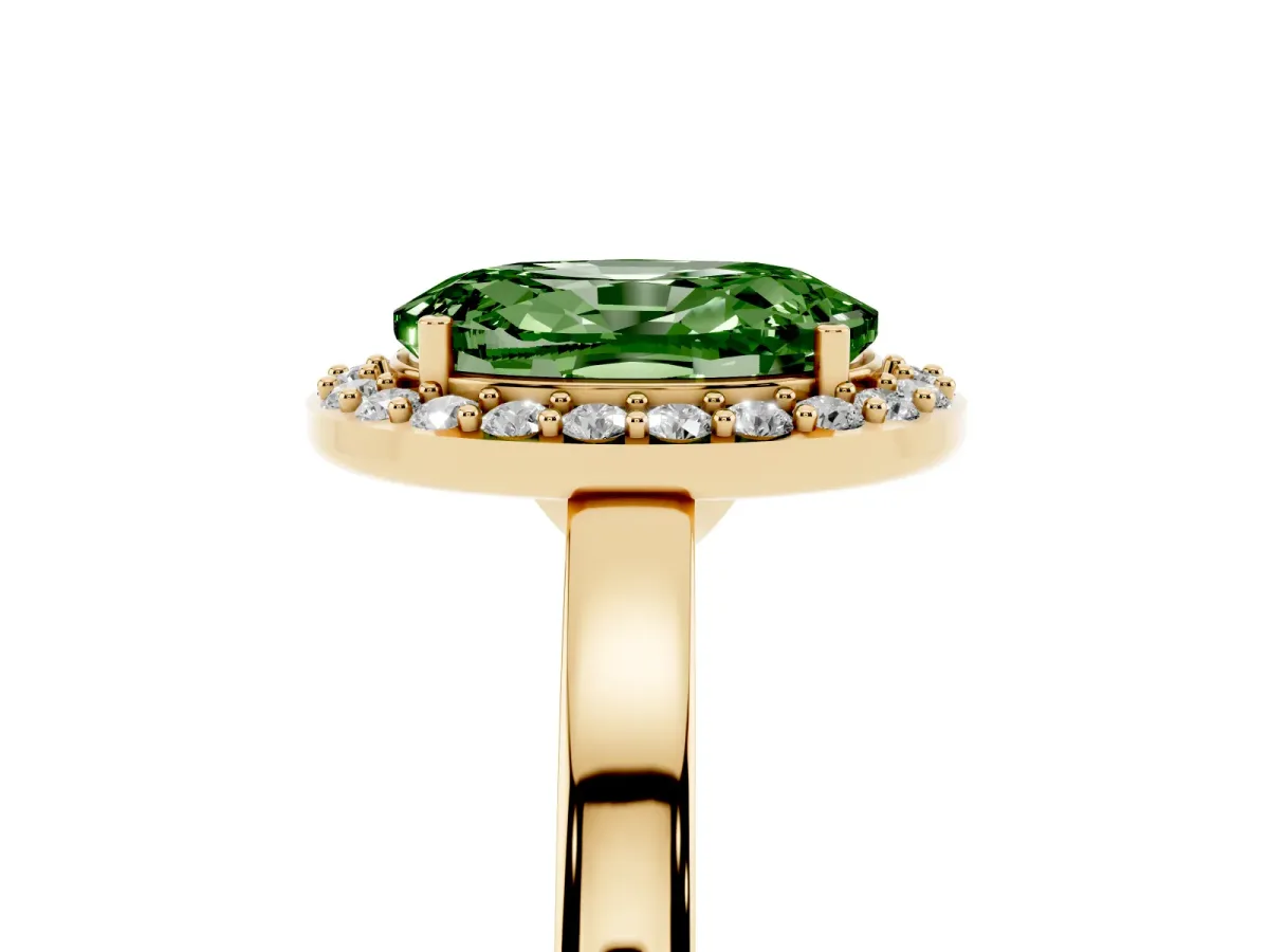 Fancy Green Oval Cut Halo Diamond Ring with Solitaire Band and Prong Setting Yellow gold