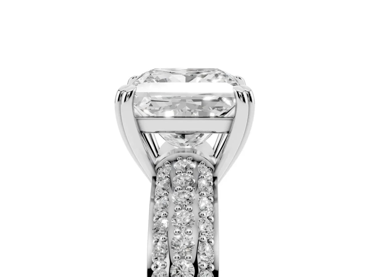 Princess Cut Diamond Solitaire Ring with Multi-Row Round Pavé Band and Prong Setting Silver