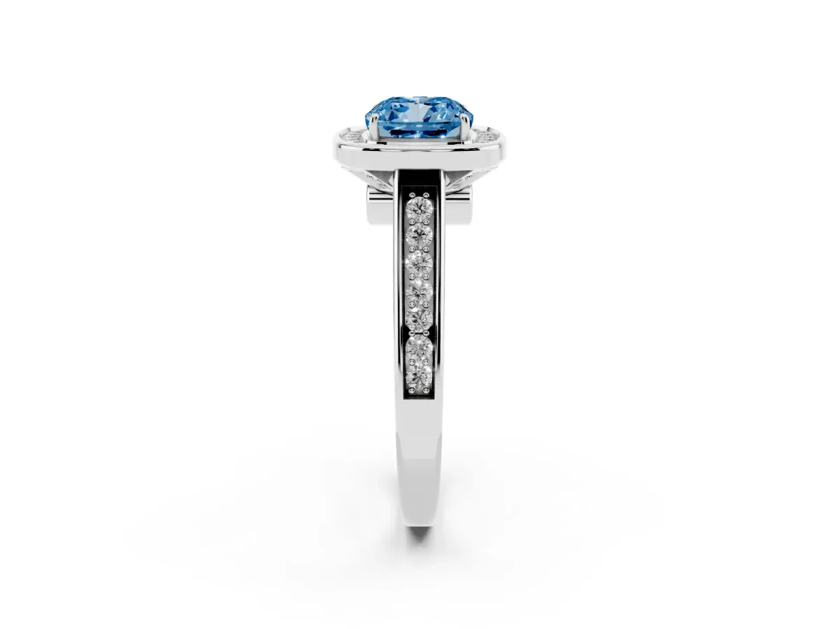 Fancy Blue Cushion Cut Halo Solitaire Diamond Ring with Pave Band and Bezel Setting Silver