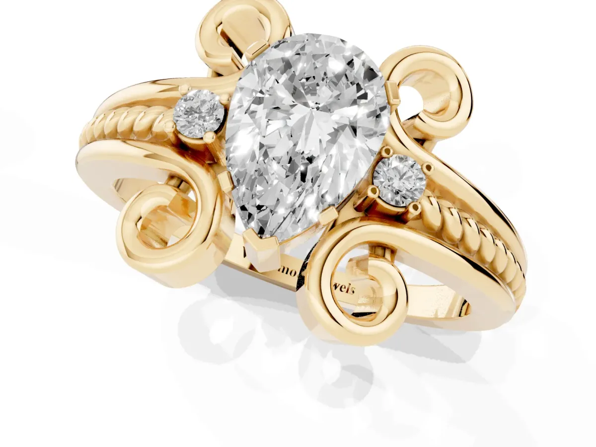 Pear Cut Solitaire Twisted Band Scroll Prong Ring Yellow gold