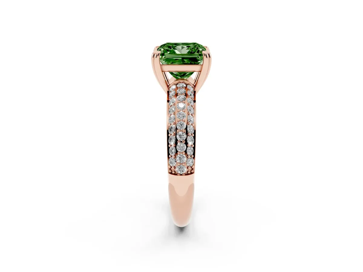 Fancy Green Princess Cut Diamond Solitaire Ring with Multi-Row Round Pavé Band and Prong Setting Rose gold