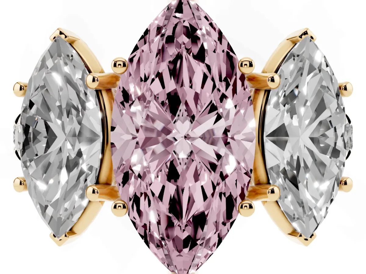Fancy Pink Three-Stone Marquise Cut Diamond Pavé Band with Prong Setting Yellow gold