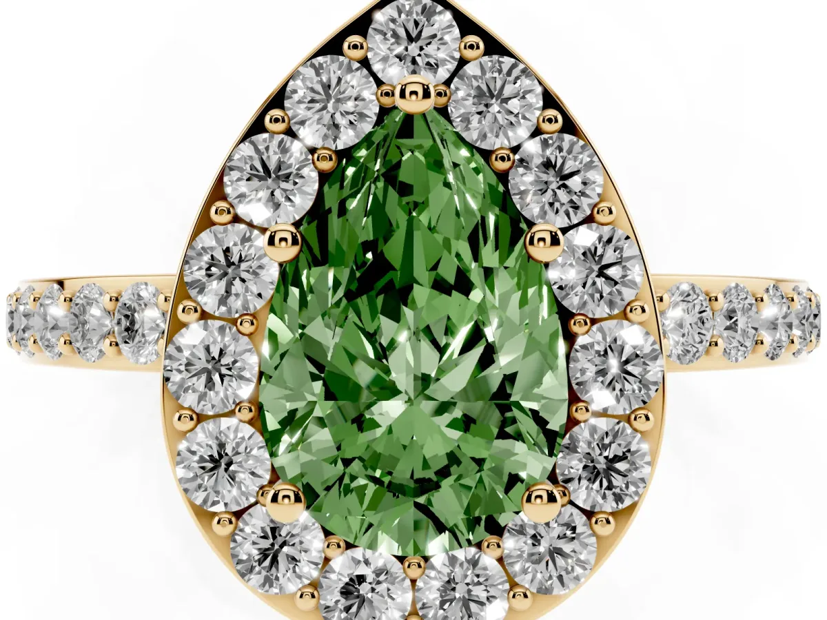 Fancy Green Pear Cut Halo Diamond Pavé Band Ring with Prong Setting Yellow gold