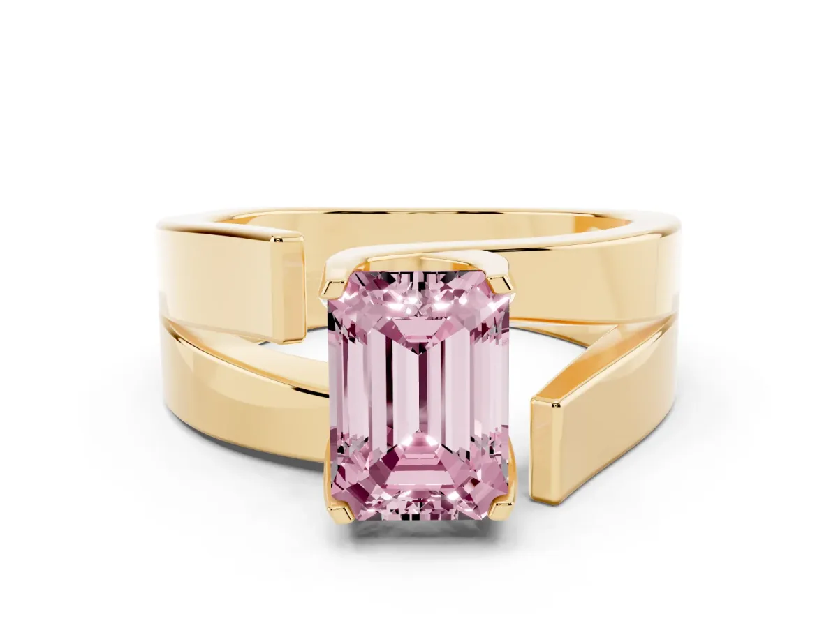 Fancy Pink Modern Tension Set Emerald Cut Diamond Solitaire Wide Band Ring Yellow gold